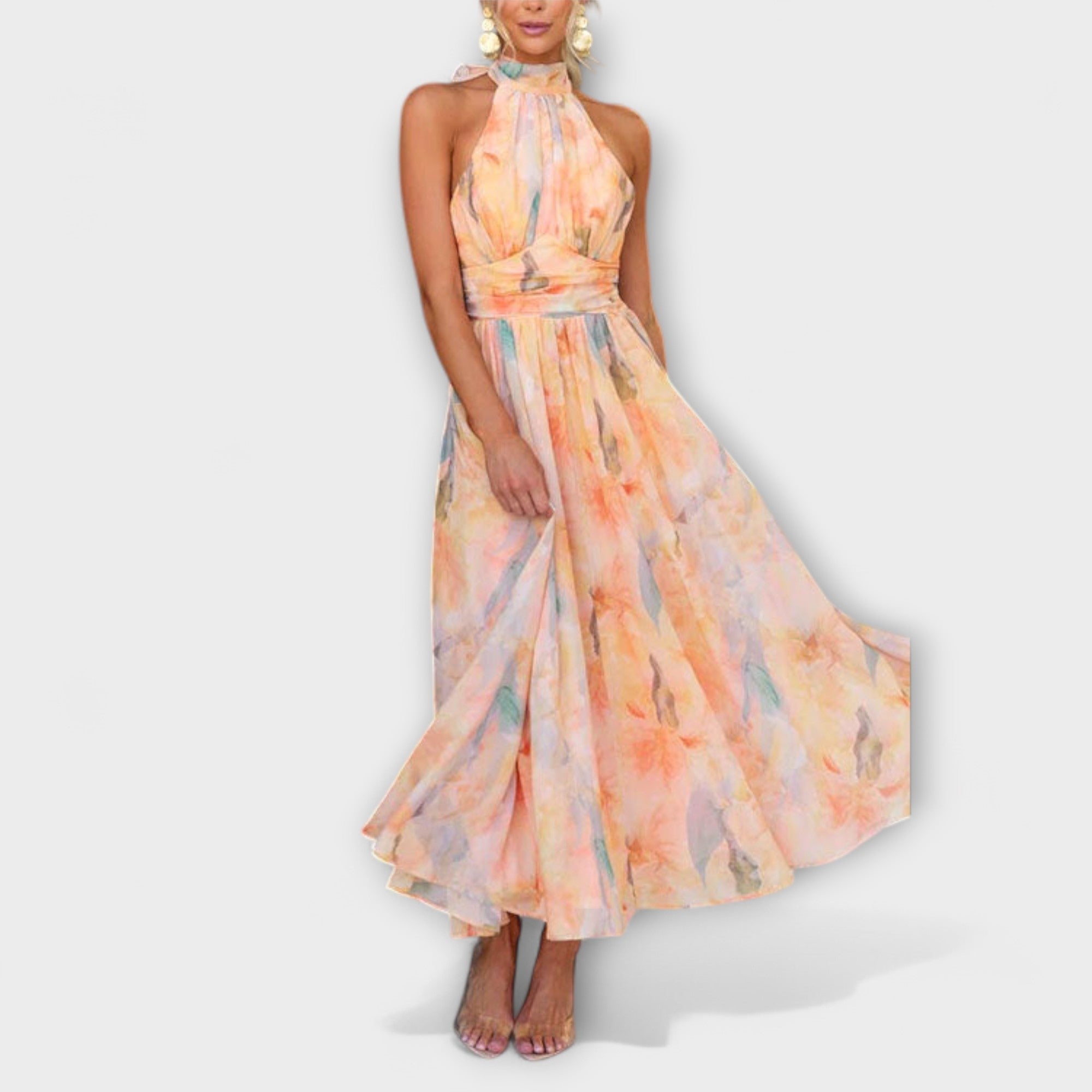 Halter-Neck Aquarel Print Maxi Jurk