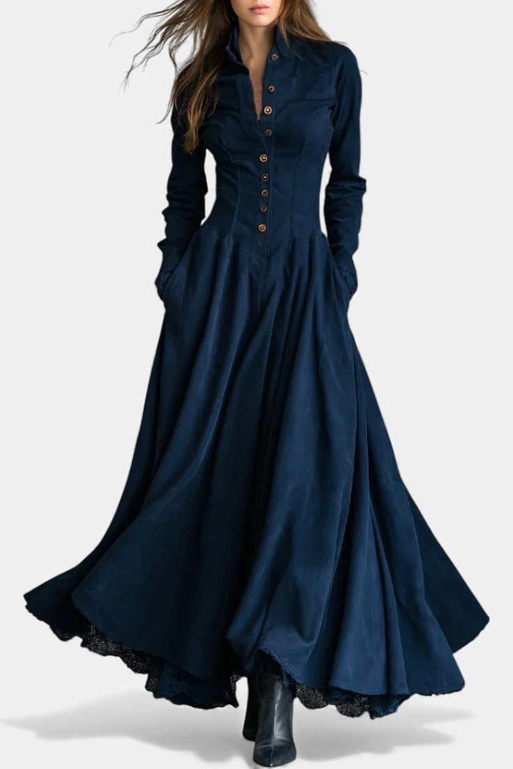 Marie | Lange Suède Jurk met Blousekraag en Kant