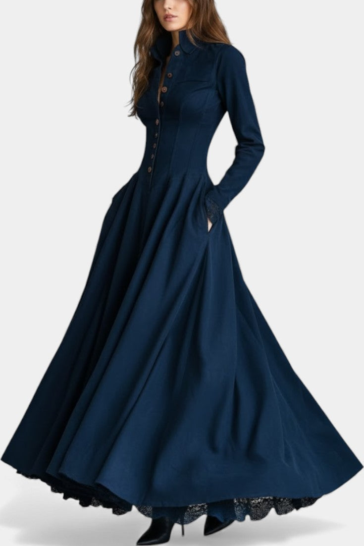 Marie | Lange Suède Jurk met Blousekraag en Kant