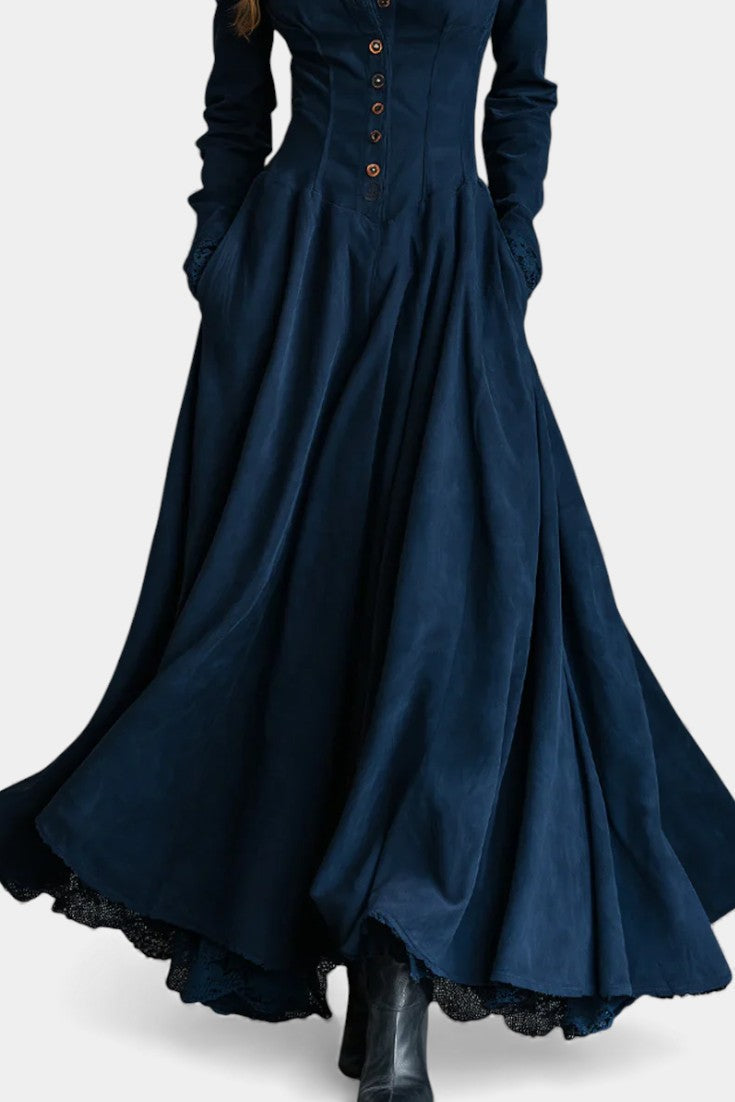 Marie | Lange Suède Jurk met Blousekraag en Kant