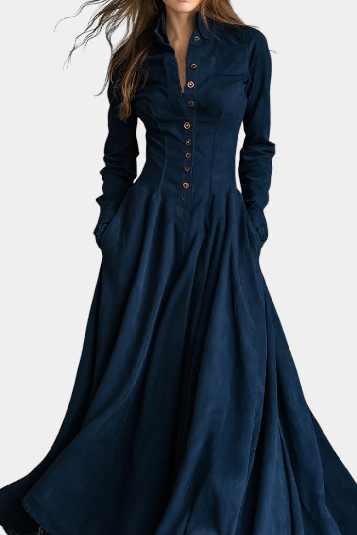 Marie | Lange Suède Jurk met Blousekraag en Kant